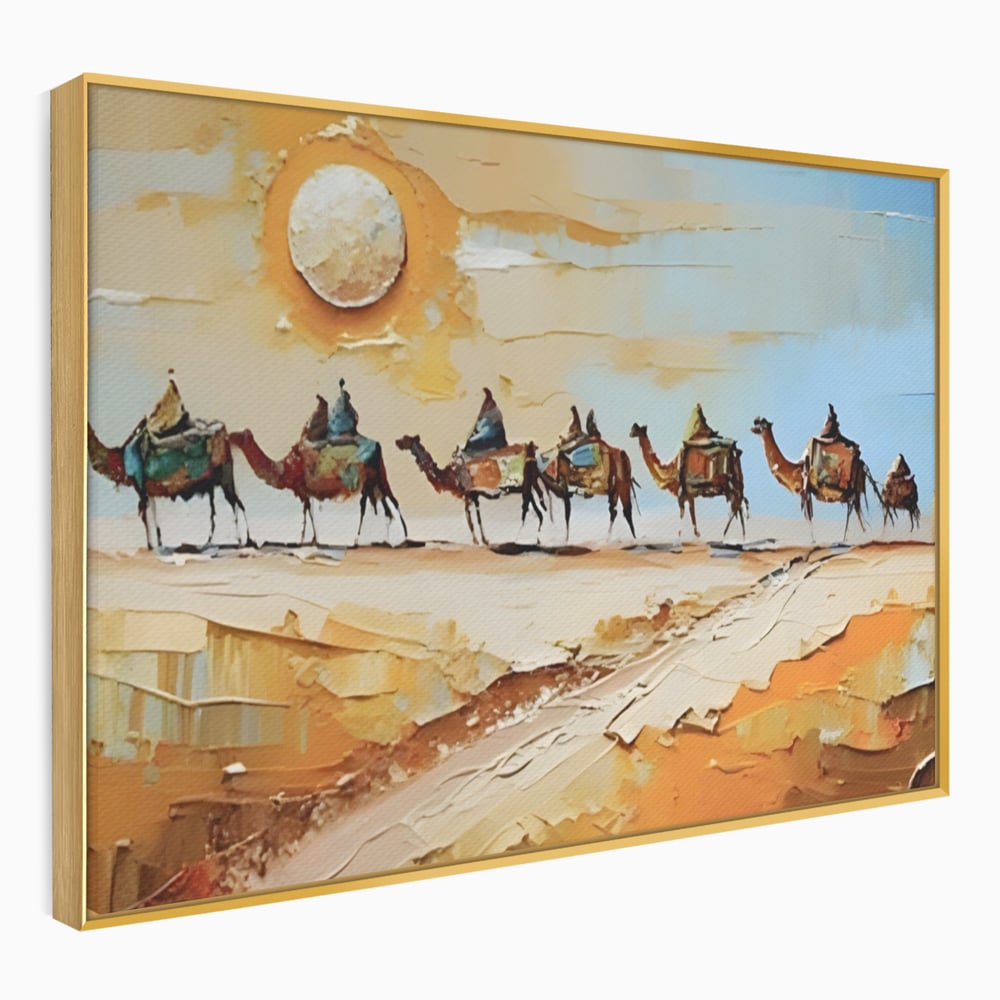Tablou canvas cu pictura cu caravana de camile in desert, in rama de aluminiu auriu